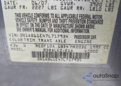 2007 Nissan Sentra 2.0S z USA, uszkodzony, nr VIN 3N1AB61E47L717934